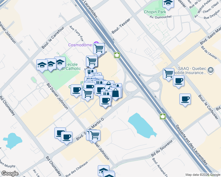 map of restaurants, bars, coffee shops, grocery stores, and more near 2700 Avenue du Cosmodôme in Laval