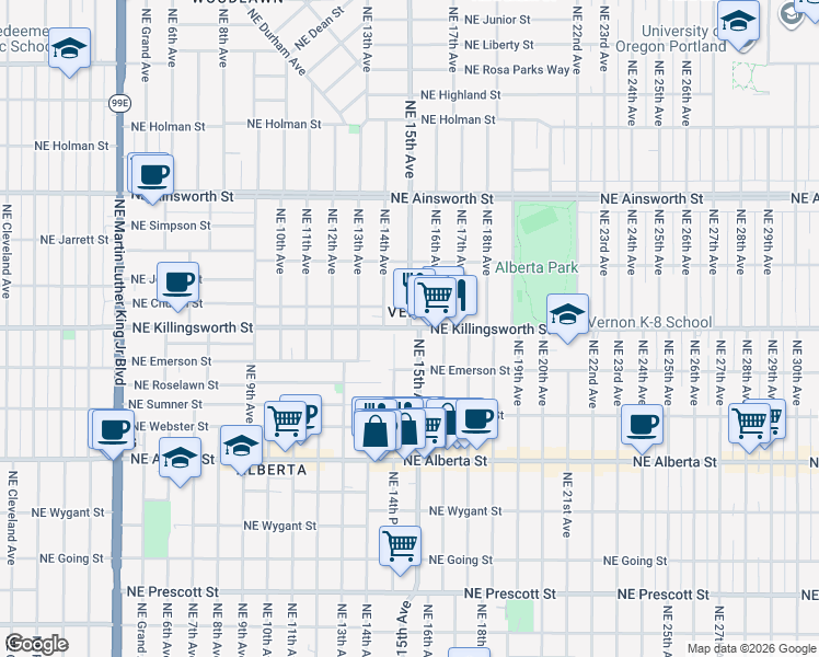 map of restaurants, bars, coffee shops, grocery stores, and more near NE Killingsworth St & NE 15th Ave in Portland