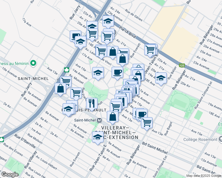 map of restaurants, bars, coffee shops, grocery stores, and more near 3532 Rue Michel Ange in Montreal