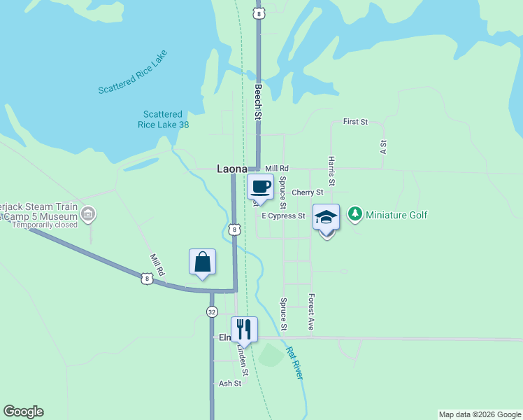 map of restaurants, bars, coffee shops, grocery stores, and more near 5252 Beech Street in Laona