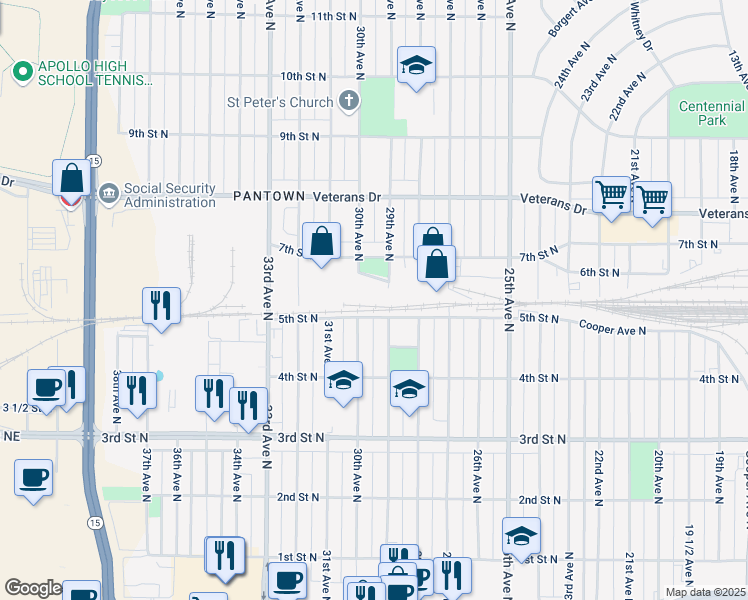 map of restaurants, bars, coffee shops, grocery stores, and more near 600 29th Avenue North in St. Cloud