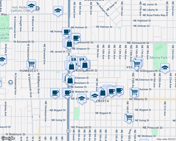 map of restaurants, bars, coffee shops, grocery stores, and more near Northeast 8th Avenue in Portland