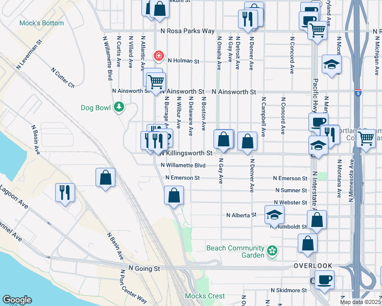 map of restaurants, bars, coffee shops, grocery stores, and more near N Killingsworth St & N Delaware Ave in Portland