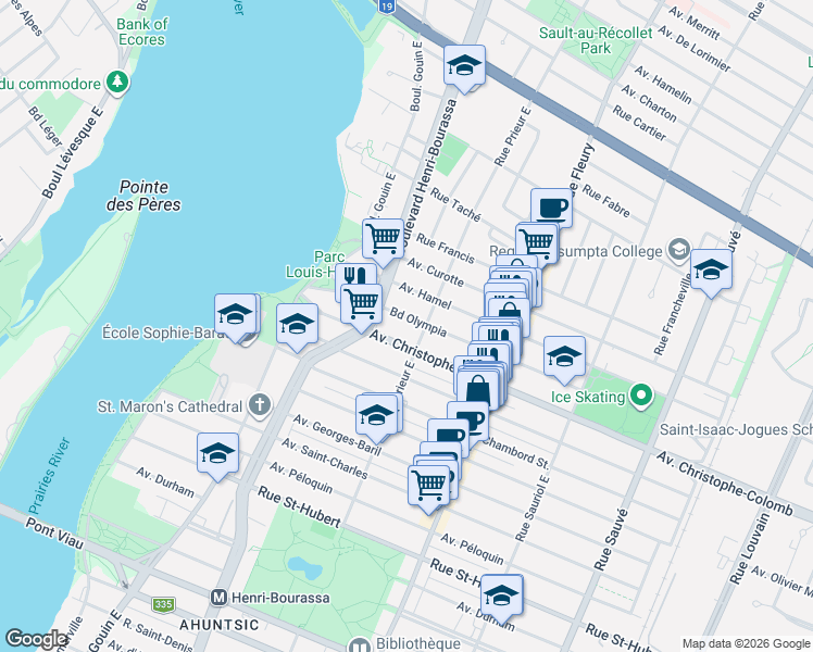 map of restaurants, bars, coffee shops, grocery stores, and more near 10540 Boulevard Olympia in Montréal