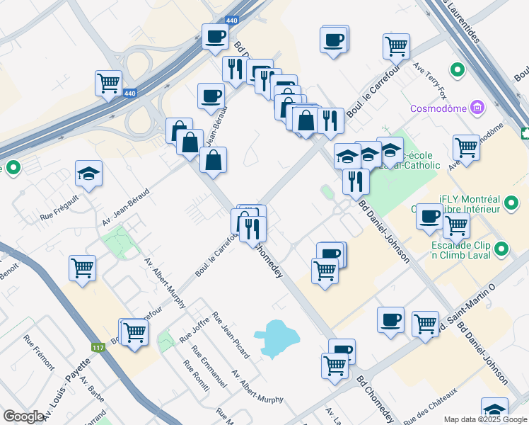 map of restaurants, bars, coffee shops, grocery stores, and more near 3450 Boulevard le Carrefour in Laval