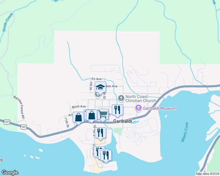 map of restaurants, bars, coffee shops, grocery stores, and more near 405 Evergreen Avenue in Garibaldi