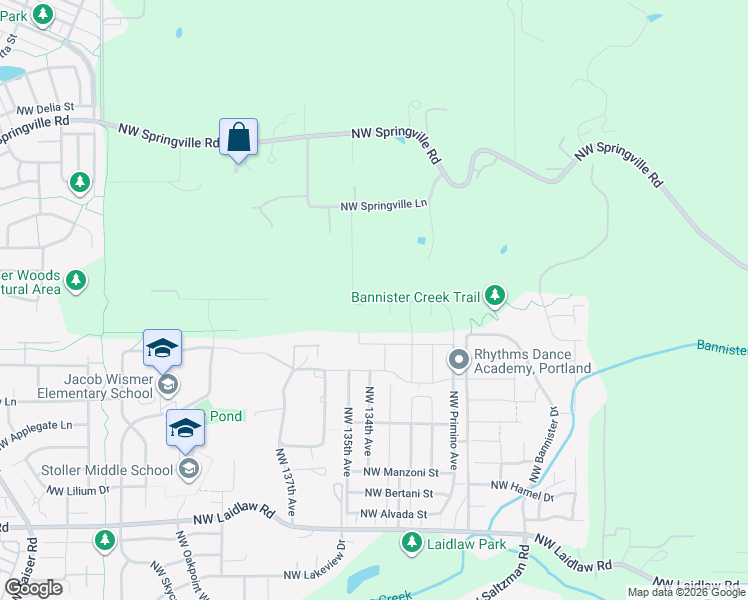 map of restaurants, bars, coffee shops, grocery stores, and more near 13450 Northwest Springville Lane in Portland