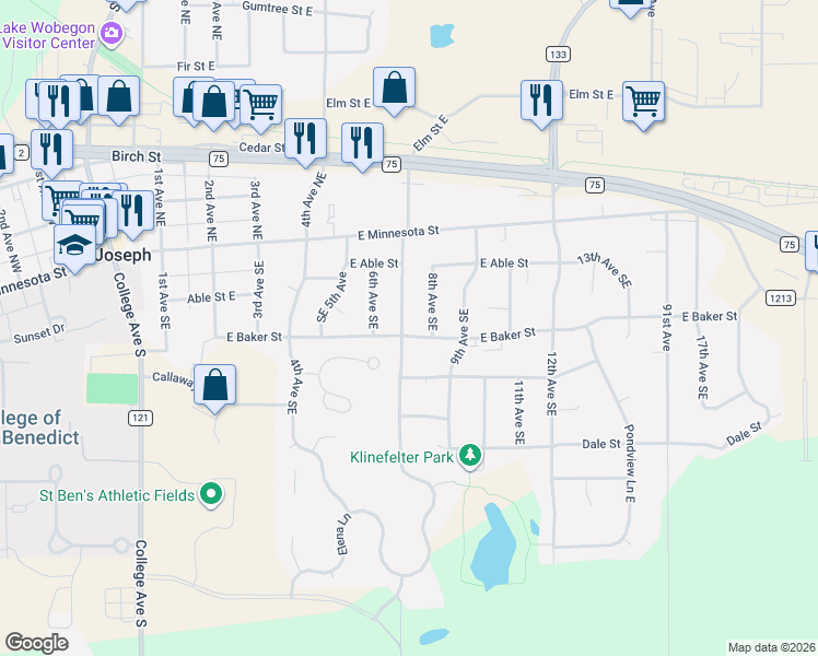 map of restaurants, bars, coffee shops, grocery stores, and more near 138 7th Avenue Southeast in Saint Joseph