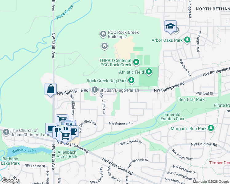 map of restaurants, bars, coffee shops, grocery stores, and more near 17685 Northwest Concordia Court in Portland