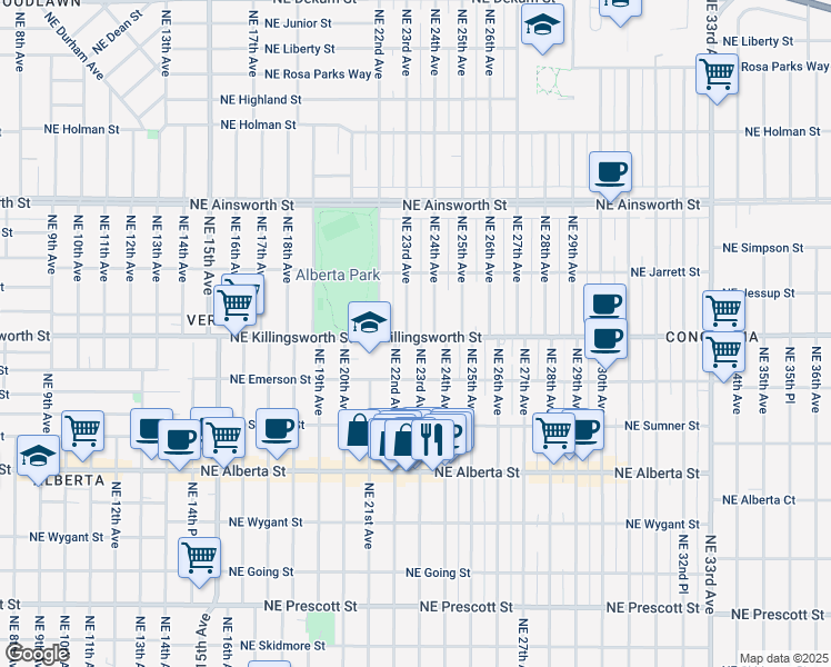map of restaurants, bars, coffee shops, grocery stores, and more near 2308 Northeast Killingsworth Street in Portland