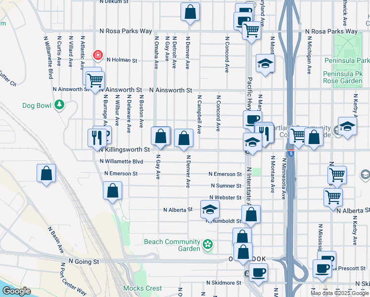 map of restaurants, bars, coffee shops, grocery stores, and more near 2024 North Killingsworth Street in Portland