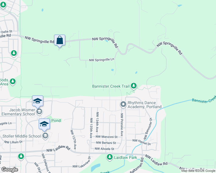 map of restaurants, bars, coffee shops, grocery stores, and more near 13432 Northwest Springville Lane in Portland
