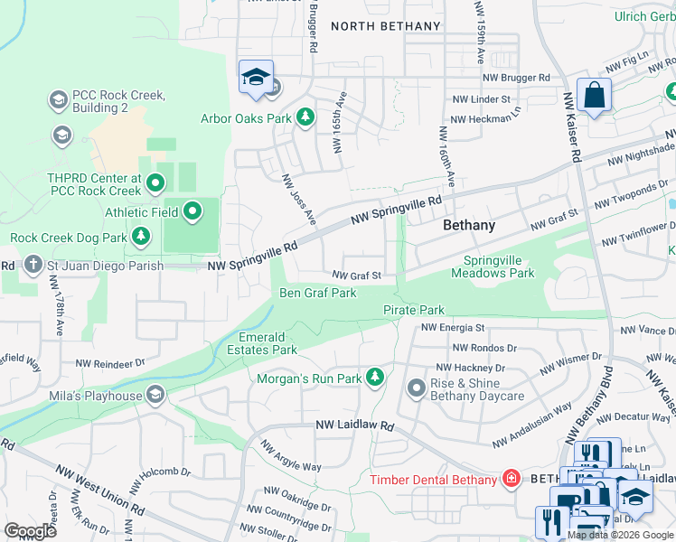 map of restaurants, bars, coffee shops, grocery stores, and more near 16390 Northwest Graf Street in Portland