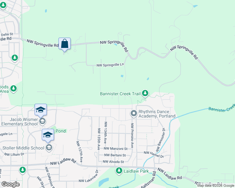 map of restaurants, bars, coffee shops, grocery stores, and more near 13432 Northwest Springville Lane in Portland
