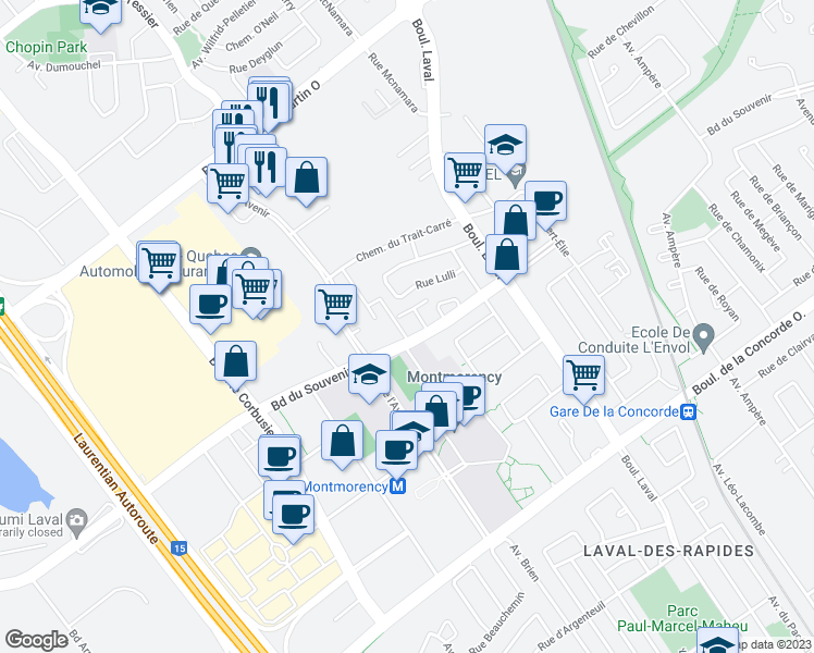 map of restaurants, bars, coffee shops, grocery stores, and more near 1601 Boulevard du Souvenir in Laval