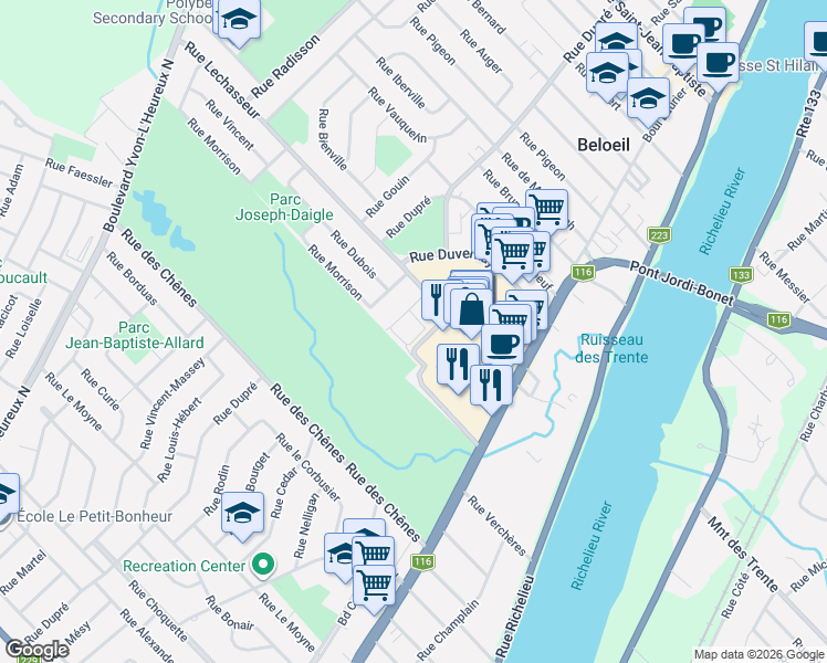 map of restaurants, bars, coffee shops, grocery stores, and more near 214 Rue Dumont in Belœil