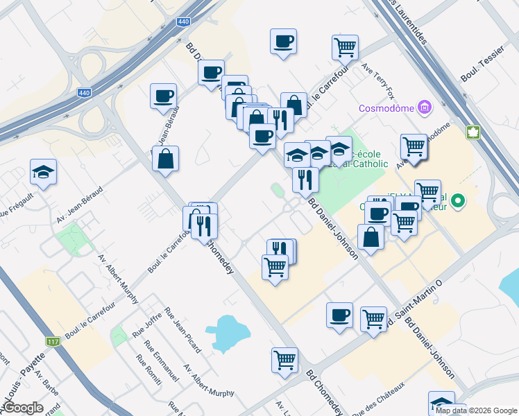 map of restaurants, bars, coffee shops, grocery stores, and more near 3865 Boulevard de Chenonceau in Laval