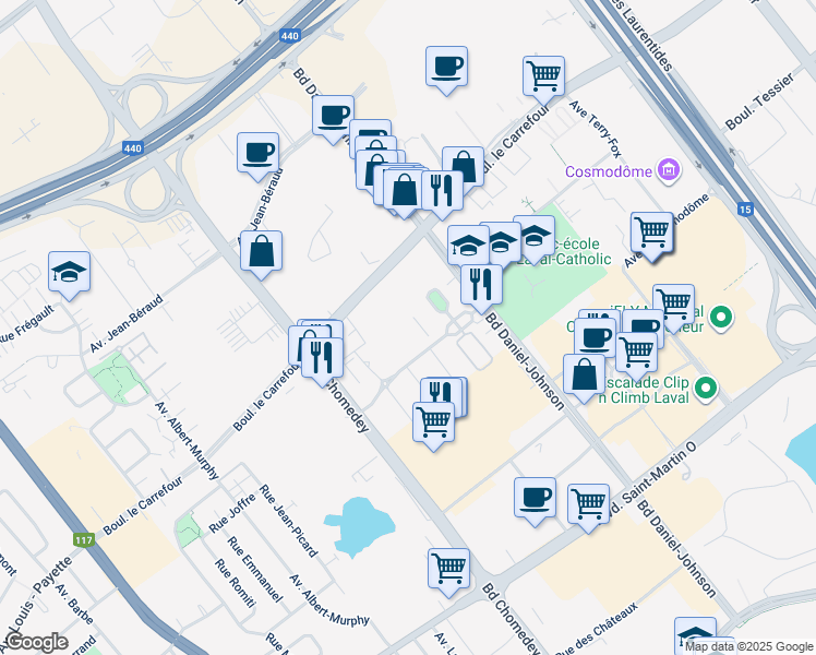 map of restaurants, bars, coffee shops, grocery stores, and more near 3865 Boulevard de Chenonceau in Laval