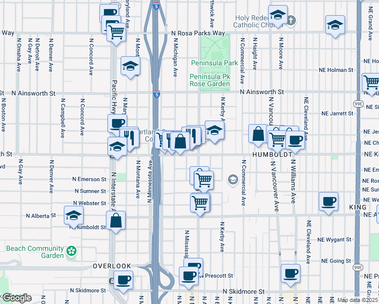 map of restaurants, bars, coffee shops, grocery stores, and more near 838 North Killingsworth Street in Portland