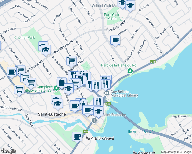 map of restaurants, bars, coffee shops, grocery stores, and more near 95 Rue Pierre-Laporte in Saint-Eustache