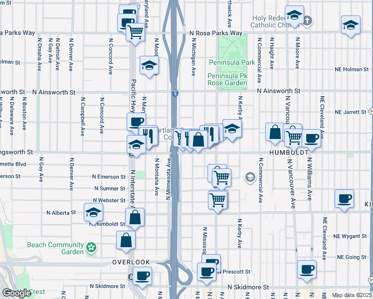 map of restaurants, bars, coffee shops, grocery stores, and more near 1010 North Killingsworth Street in Portland
