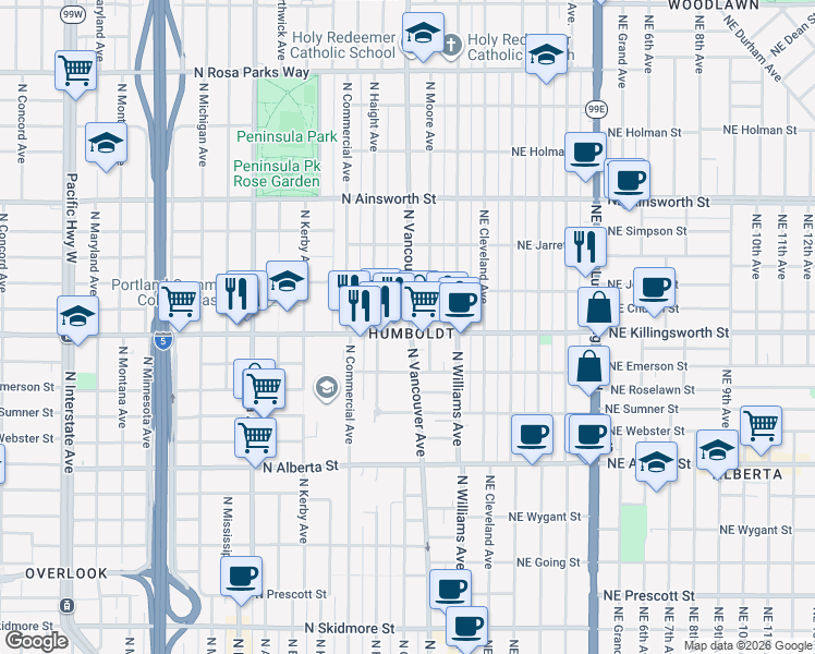 map of restaurants, bars, coffee shops, grocery stores, and more near 5515 North Vancouver Avenue in Portland