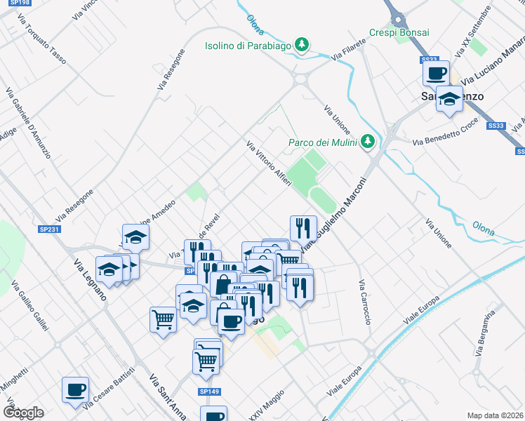 map of restaurants, bars, coffee shops, grocery stores, and more near Via Emilio Caldara in Parabiago