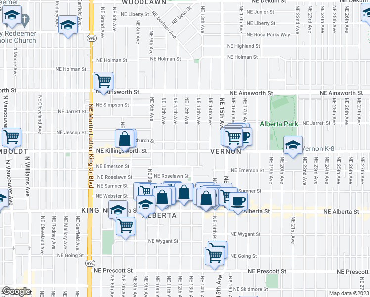 map of restaurants, bars, coffee shops, grocery stores, and more near 5507 Northeast 12th Avenue in Portland