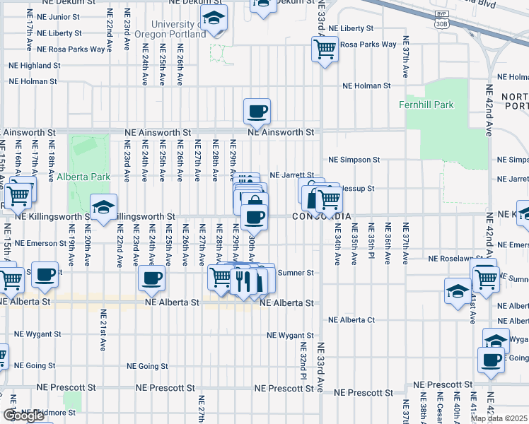 map of restaurants, bars, coffee shops, grocery stores, and more near 5433 Northeast 31st Avenue in Portland