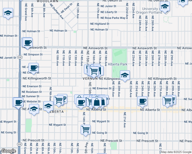 map of restaurants, bars, coffee shops, grocery stores, and more near 1540 Northeast Killingsworth Street in Portland