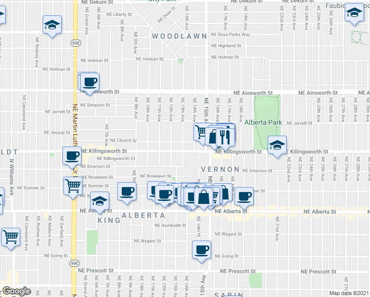 map of restaurants, bars, coffee shops, grocery stores, and more near 5420 Northeast 13th Avenue in Portland