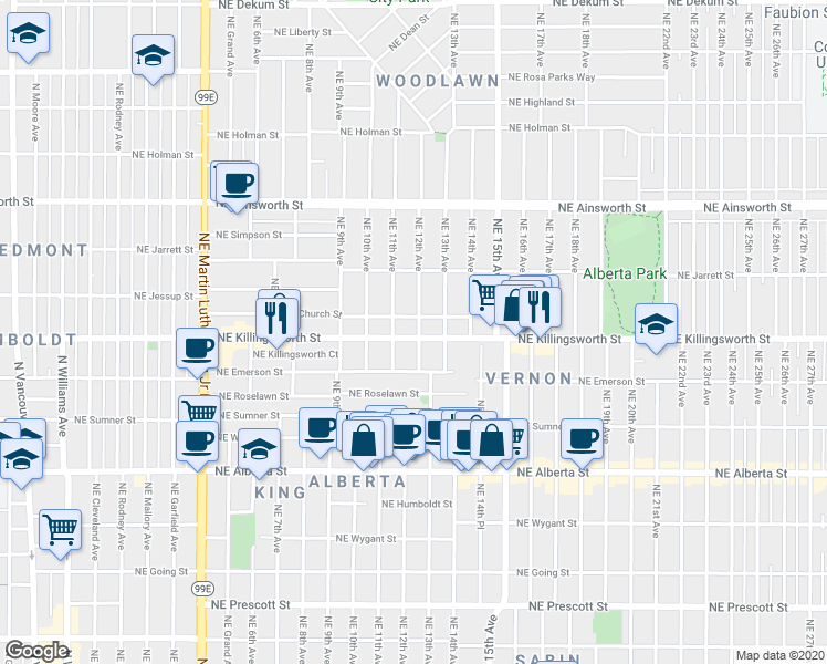 map of restaurants, bars, coffee shops, grocery stores, and more near 1122 Northeast Killingsworth Street in Portland