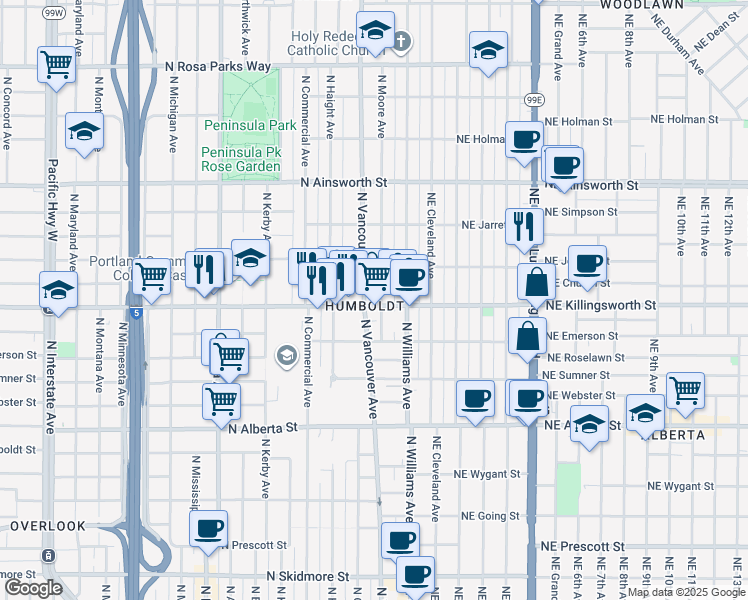 map of restaurants, bars, coffee shops, grocery stores, and more near in Portland