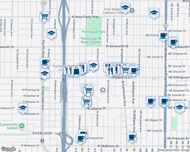 map of restaurants, bars, coffee shops, grocery stores, and more near 705 North Killingsworth Street in Portland