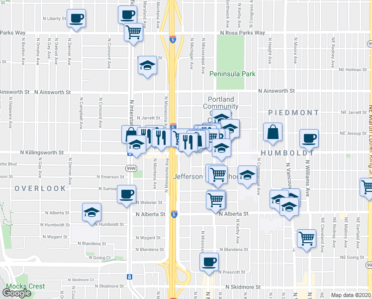 map of restaurants, bars, coffee shops, grocery stores, and more near 1010 North Killingsworth Street in Portland