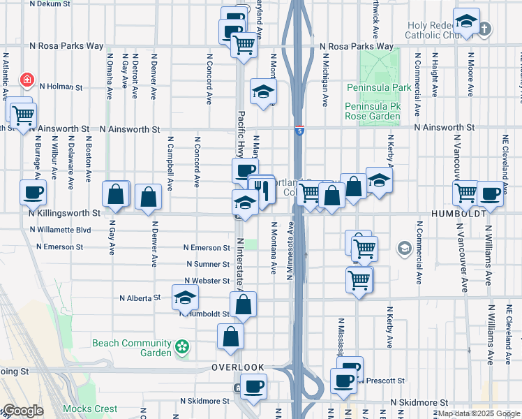 map of restaurants, bars, coffee shops, grocery stores, and more near 1324 North Killingsworth Street in Portland