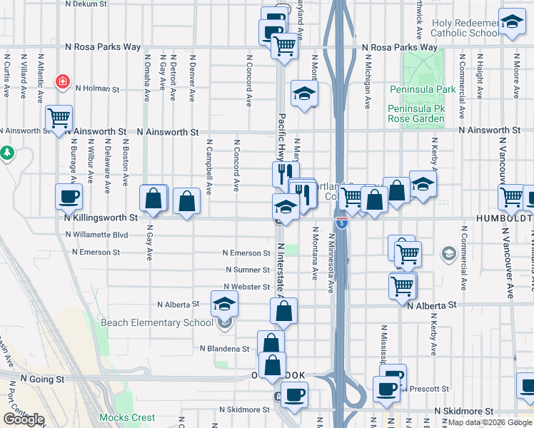map of restaurants, bars, coffee shops, grocery stores, and more near 1552 North Killingsworth Street in Portland