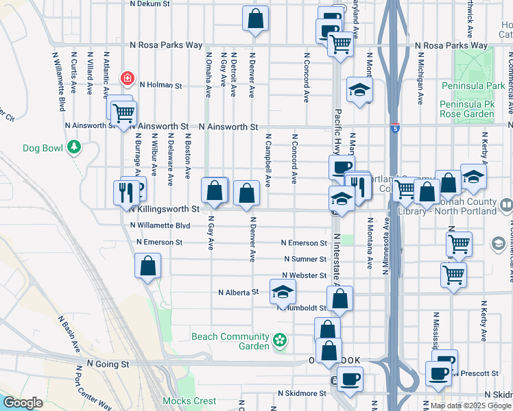 map of restaurants, bars, coffee shops, grocery stores, and more near 1850 North Killingsworth Street in Portland