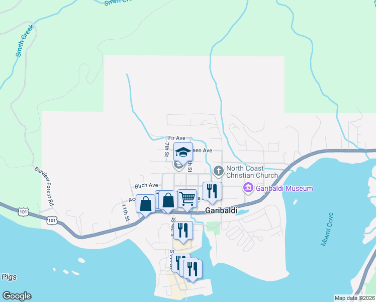 map of restaurants, bars, coffee shops, grocery stores, and more near 607 Evergreen Avenue in Garibaldi