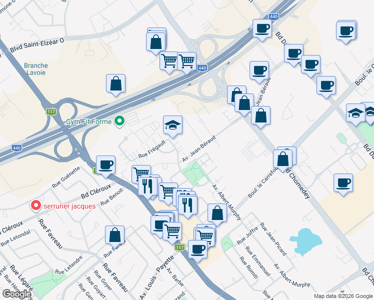 map of restaurants, bars, coffee shops, grocery stores, and more near 3755 Avenue Jean-Béraud in Laval