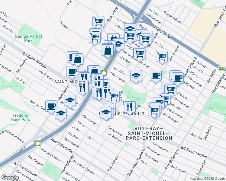 map of restaurants, bars, coffee shops, grocery stores, and more near 7650 Avenue 13e in Montrã©Al