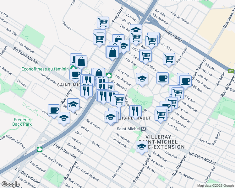 map of restaurants, bars, coffee shops, grocery stores, and more near 7650 13e Avenue in Montréal