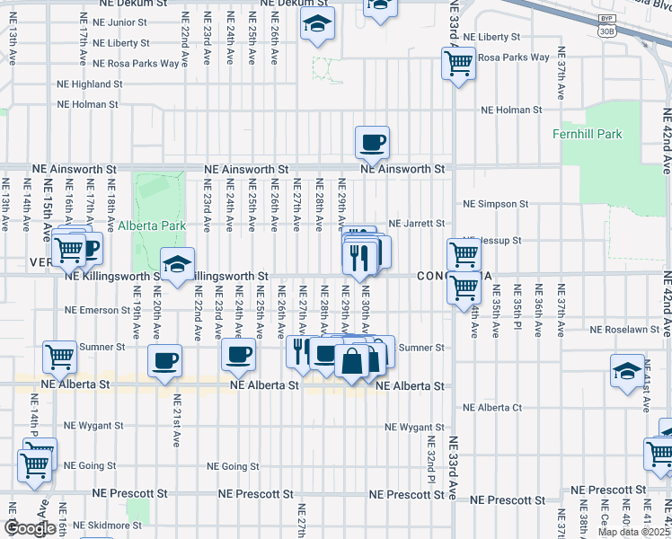 map of restaurants, bars, coffee shops, grocery stores, and more near 5509 Northeast 29th Avenue in Portland