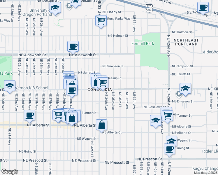map of restaurants, bars, coffee shops, grocery stores, and more near 3415 Northeast Killingsworth Street in Portland