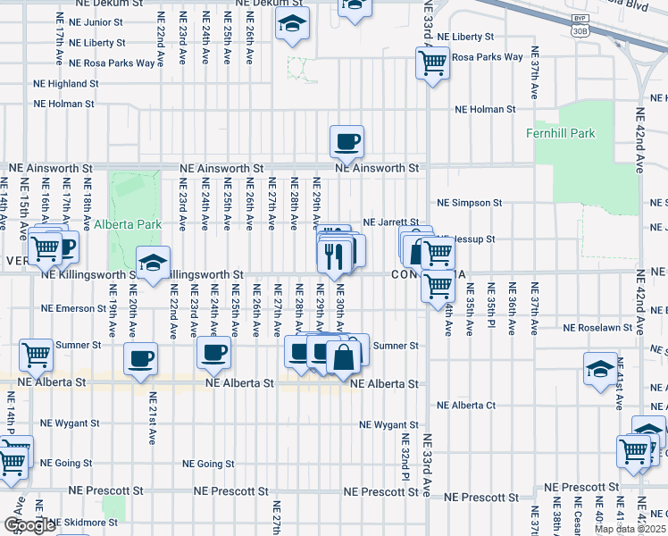 map of restaurants, bars, coffee shops, grocery stores, and more near 2908 Northeast Killingsworth Street in Portland