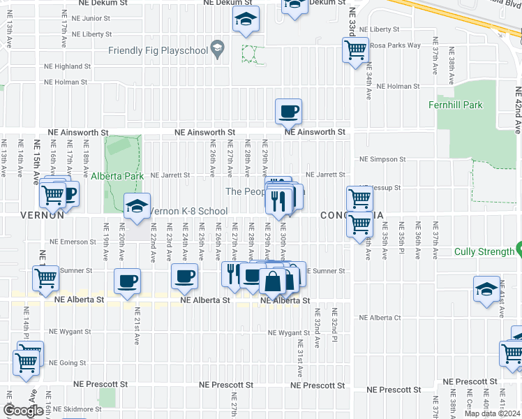 map of restaurants, bars, coffee shops, grocery stores, and more near 5513 Northeast 29th Avenue in Portland