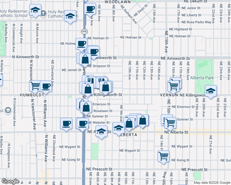map of restaurants, bars, coffee shops, grocery stores, and more near 866 Northeast Killingsworth Street in Portland