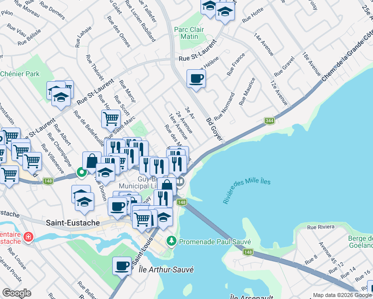 map of restaurants, bars, coffee shops, grocery stores, and more near 113 Rue des Mille-Îles in Saint-Eustache