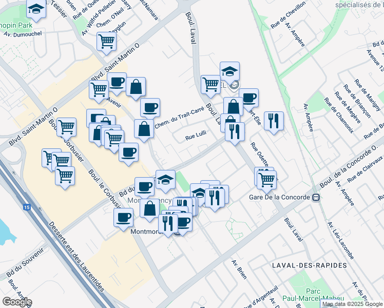 map of restaurants, bars, coffee shops, grocery stores, and more near 1583 Boulevard du Souvenir in Laval