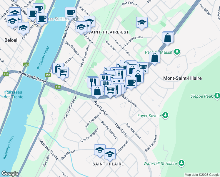 map of restaurants, bars, coffee shops, grocery stores, and more near 345 Boulevard Sir-Wilfrid-Laurier in Mont-Saint-Hilaire